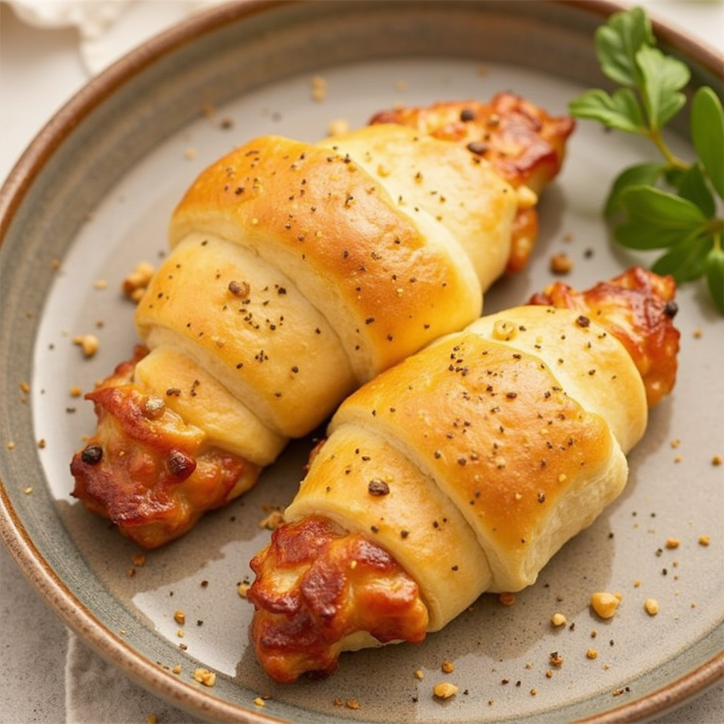 Golden-brown crescent roll with a flaky, buttery texture, resting on a white plate.