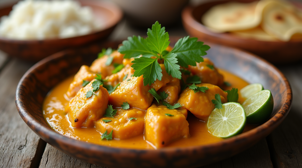 Churu Chicken Amarillo – Tender chicken in a creamy, vibrant yellow sauce, garnished with fresh herbs and served with rice.