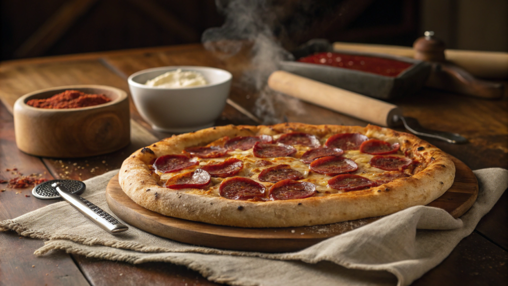 Freshly baked beef pepperoni pizza on a wooden table with melted cheese and crispy crust in a cozy dinner setting.
