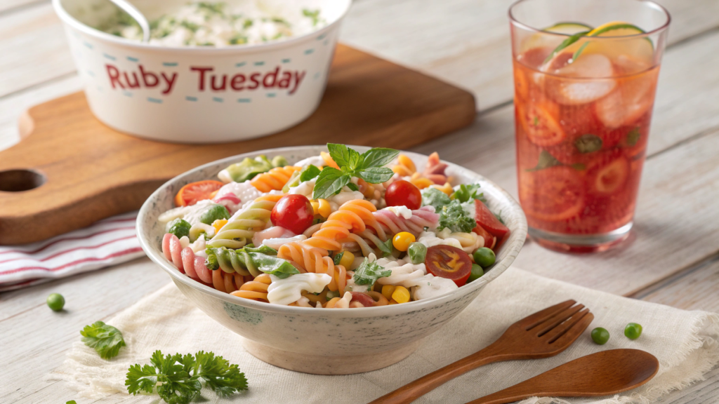 Ruby Tuesday pasta salad recipe with rotini, veggies, and creamy dressing served on a wooden table. Let me know if you need multiple variations for different image placements!