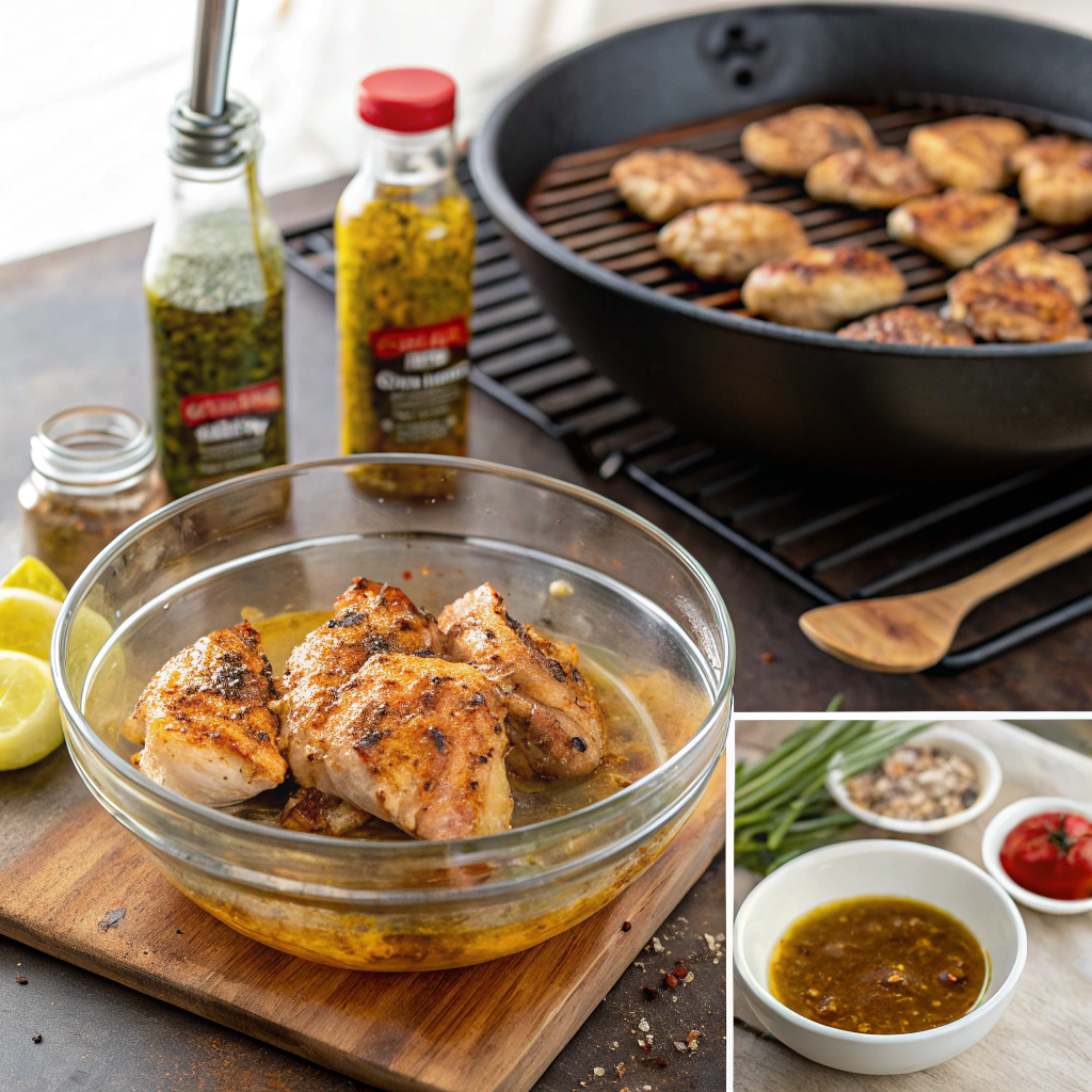 Collage showing chicken pieces marinating in a glass bowl, grilling on a cast iron grill, and close-up ingredients for the marinade including oil, tomatoes, herbs, and seasonings.