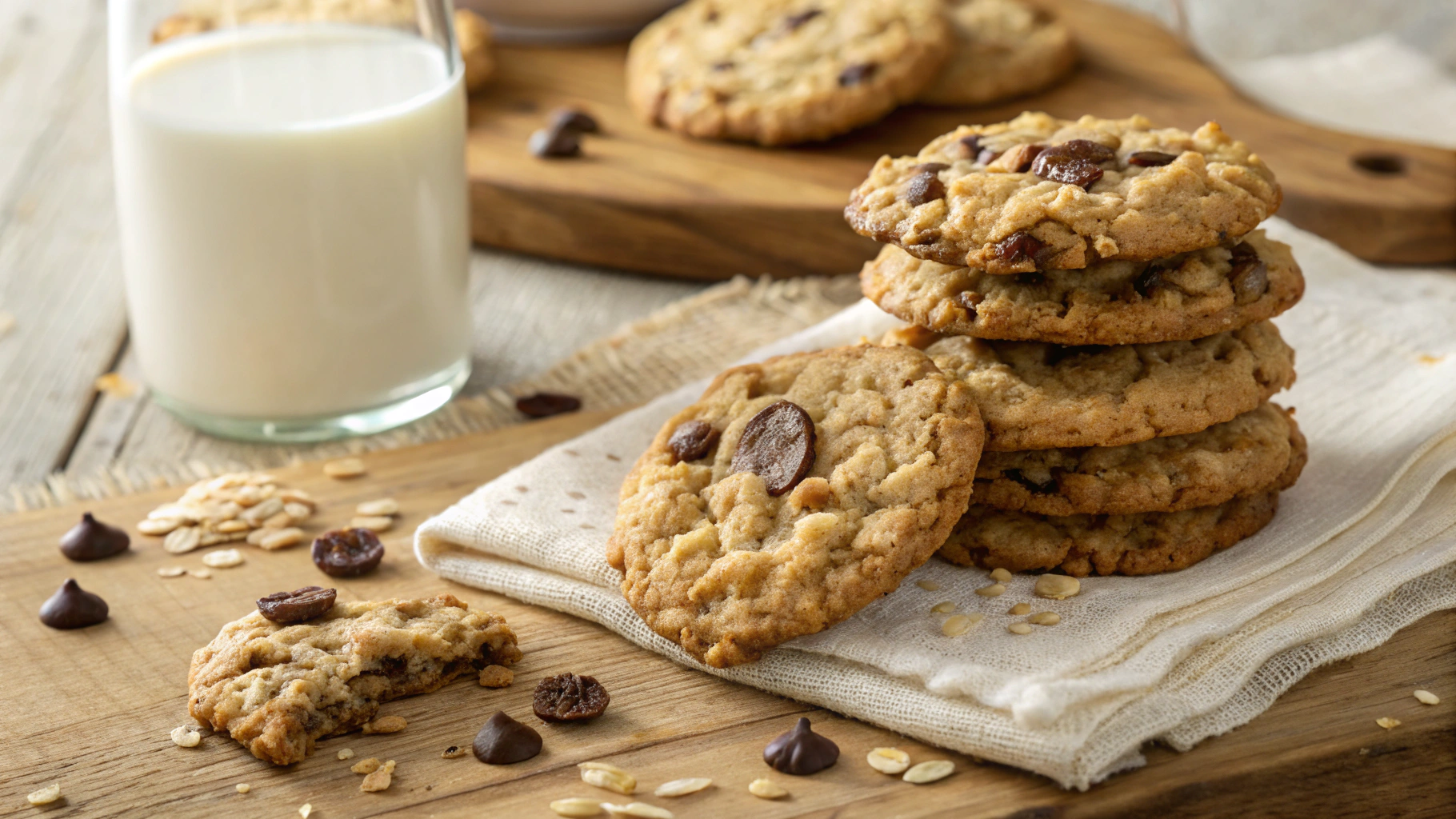 Chocolate chip Rice Krispie cookies recipes stacked on a wooden surface with melted chocolate chips and crispy cereal visible.