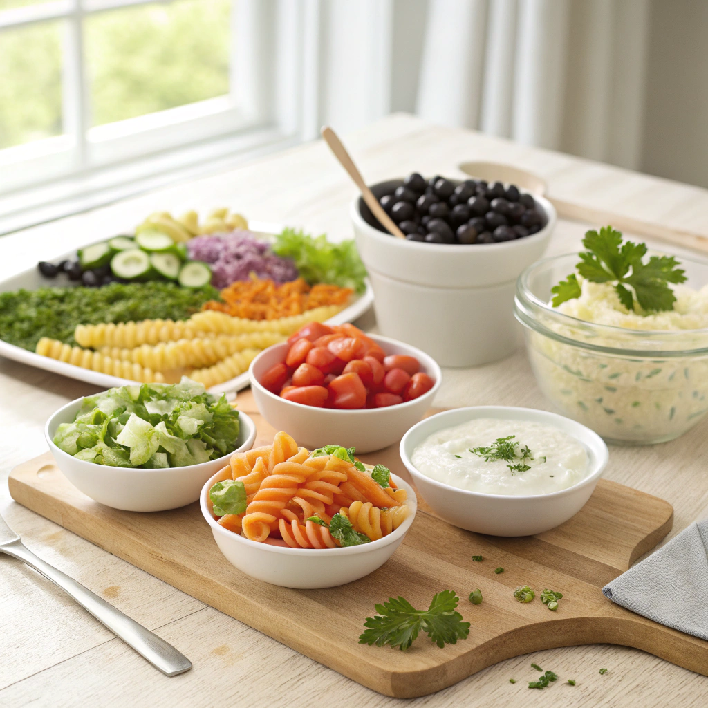Hands mixing colorful rotini pasta and fresh vegetables with creamy ranch dressing in a glass bowl, preparing Ruby Tuesday pasta salad.