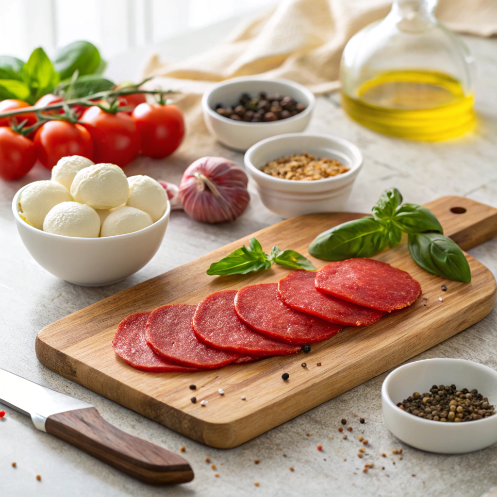 Hands spreading tomato sauce on pizza dough with beef pepperoni and cheese ingredients arranged on a wooden kitchen counter