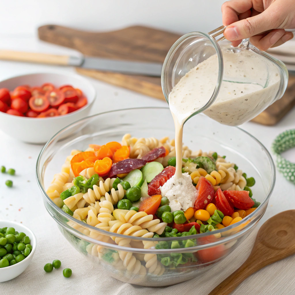 Hands mixing colorful rotini pasta and fresh vegetables with creamy ranch dressing in a glass bowl, preparing Ruby Tuesday pasta salad.