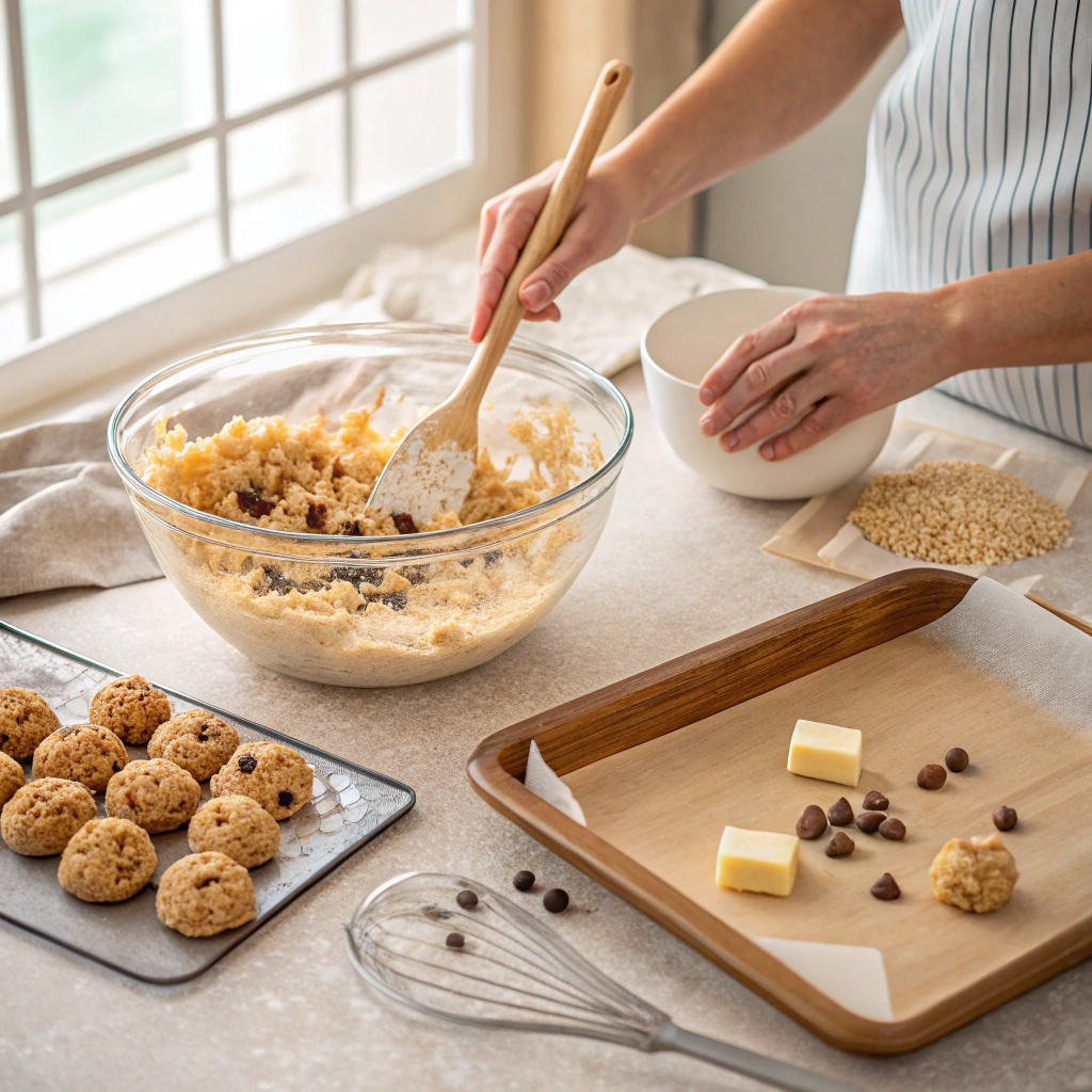 Hands mixing Rice Krispie chocolate chip cookie dough in a bowl with cookie dough balls on a baking sheet nearby.
