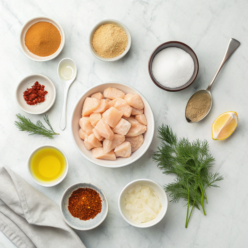Flat lay of raw cubed chicken breast surrounded by small bowls of spices, seasonings, oil, lemon, sugar, onion flakes, and fresh dill on a marble surface.