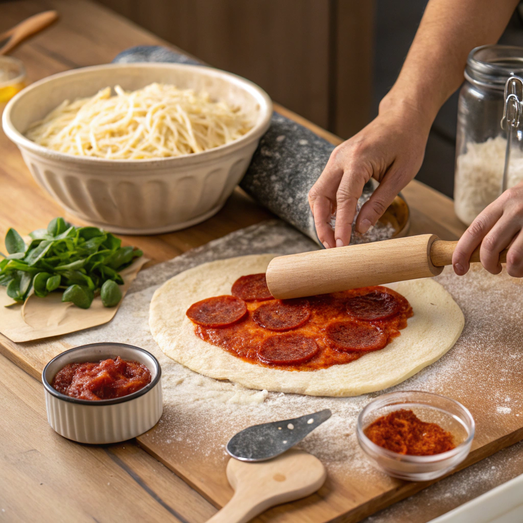 Hands layering tomato sauce on pizza dough with beef pepperoni and shredded cheese nearby on a rustic kitchen counter.