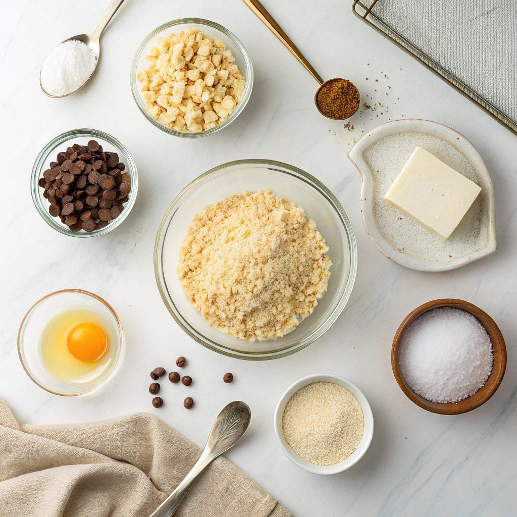 Measured ingredients for Rice Krispie chocolate chip cookies, including cereal, chocolate chips, butter, brown sugar, egg, vanilla, baking soda, and salt