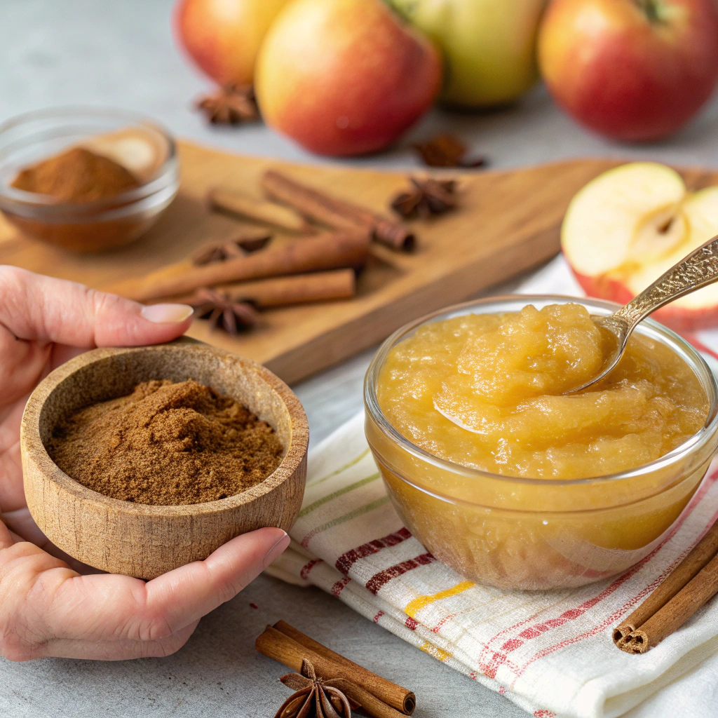 Close-up of ground cinnamon and nutmeg in a wooden bowl beside a glass bowl of golden applesauce with cinnamon sticks and fresh apples in the background.