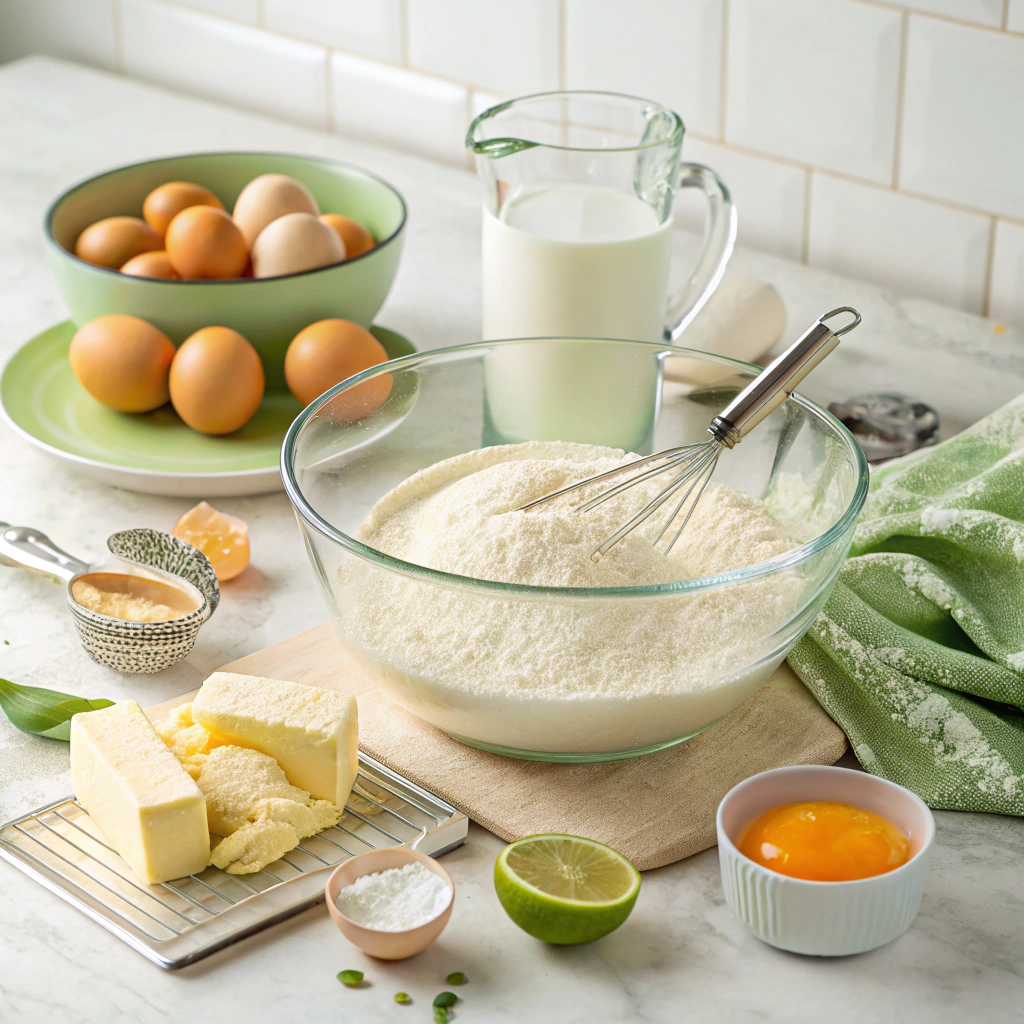 Dominican cake ingredients neatly arranged on a kitchen counter including sifted flour, baking powder, softened butter, sugar, eggs, milk, orange juice, lime zest, and vanilla extract.