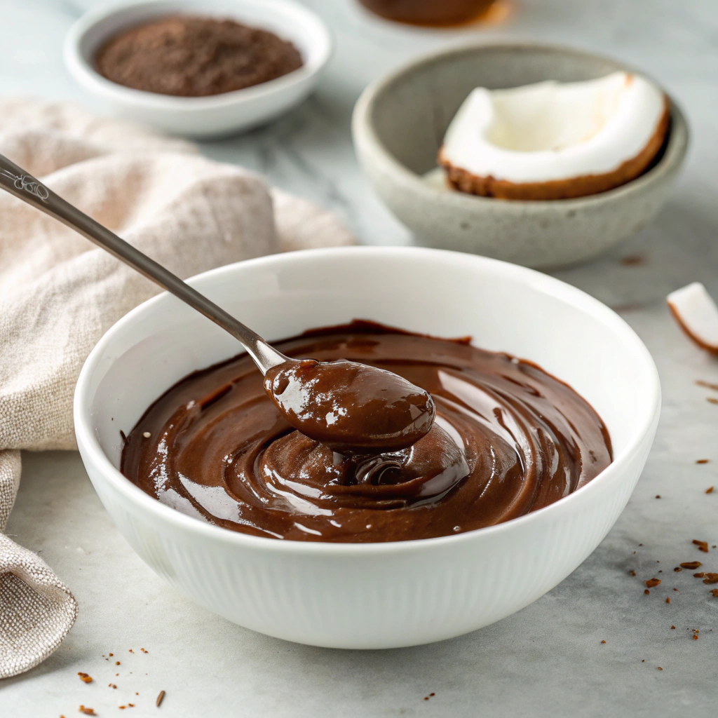 Glossy melted chocolate in a white bowl with a spoon, next to a small dish of coconut oil.