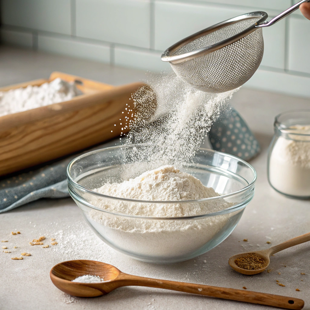 Flour, baking powder, and salt being sifted into a glass bowl for cake batter.

