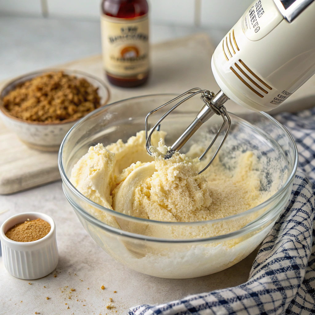 Electric mixer creaming butter, brown sugar, and white sugar in a mixing bowl on a kitchen counter.