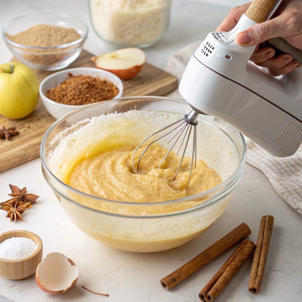 Hands mixing applesauce, eggs, brown sugar, and vanilla in a glass bowl with a wooden spoon on a kitchen countertop.
