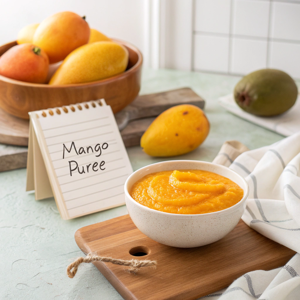 Bowl of fresh mango puree with whole ripe mangoes and a handwritten recipe card on a kitchen table.