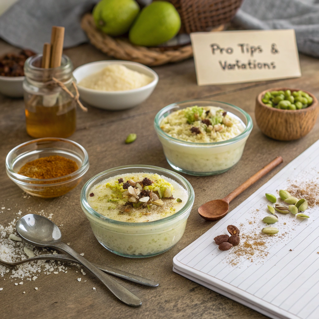 Rustic kitchen countertop with small bowls of pistachios, shredded coconut, honey, vanilla extract, and nutmeg next to a handwritten “Pro Tips & Variations” recipe card and two variations of custard apple dessert garnished with cinnamon and toasted coconut.