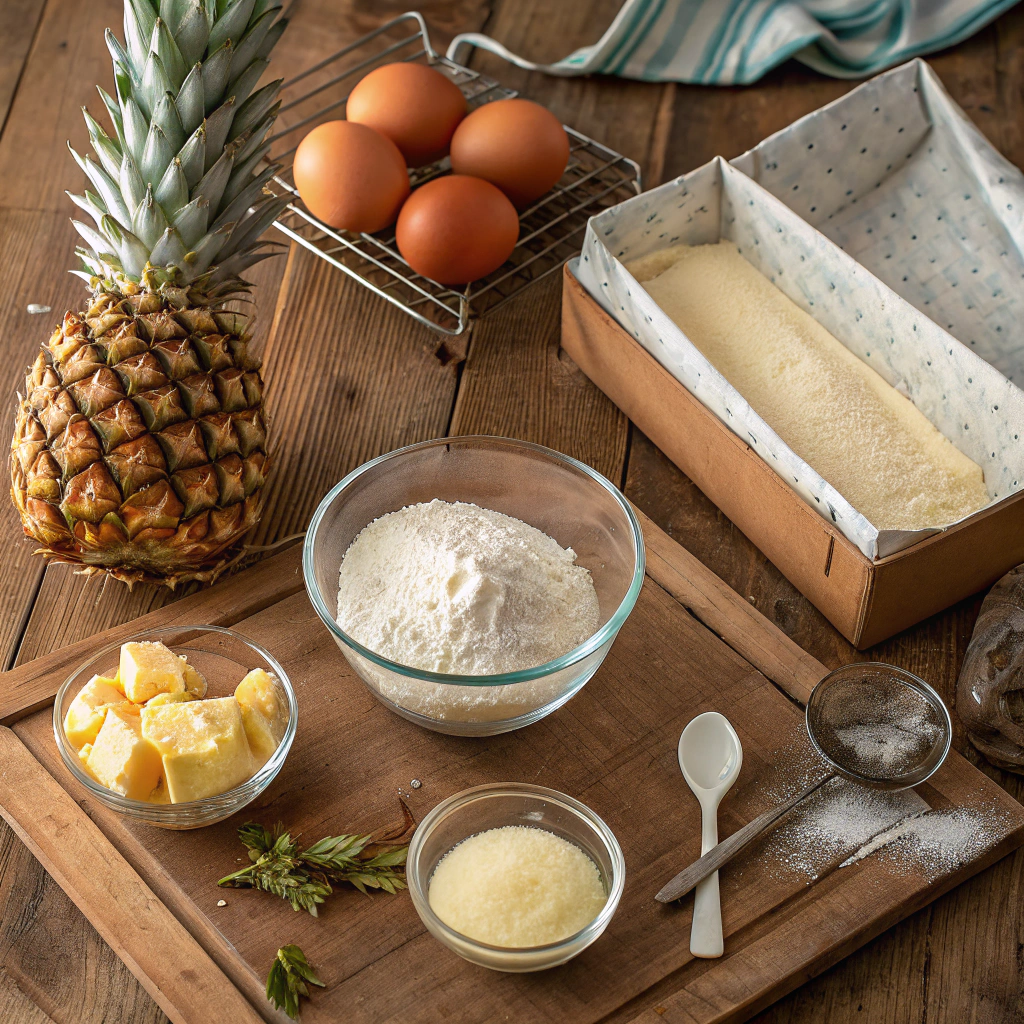 Ingredients for pineapple juice cake recipe including flour, sugar, eggs, butter, pineapple juice, vanilla, baking powder, and salt arranged on a kitchen counter.