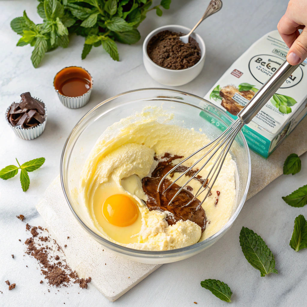 Eggs, chocolate pudding mix, vanilla, and peppermint extract being added to creamed butter mixture in a mixing bowl.