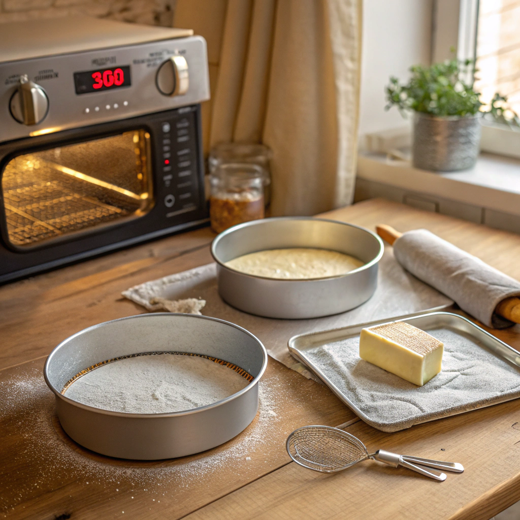 Home kitchen scene with oven preheating to 350°F and two 8-inch cake pans being greased and floured