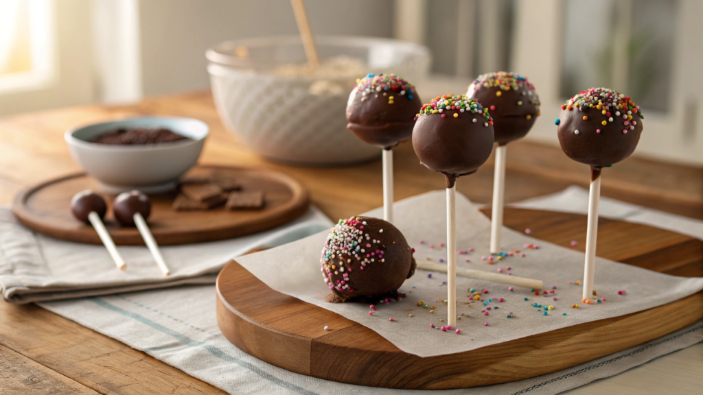 Realistic close-up of chocolate cake pops coated in glossy chocolate and colorful sprinkles on white sticks, arranged on a wooden board in a cozy kitchen setting.