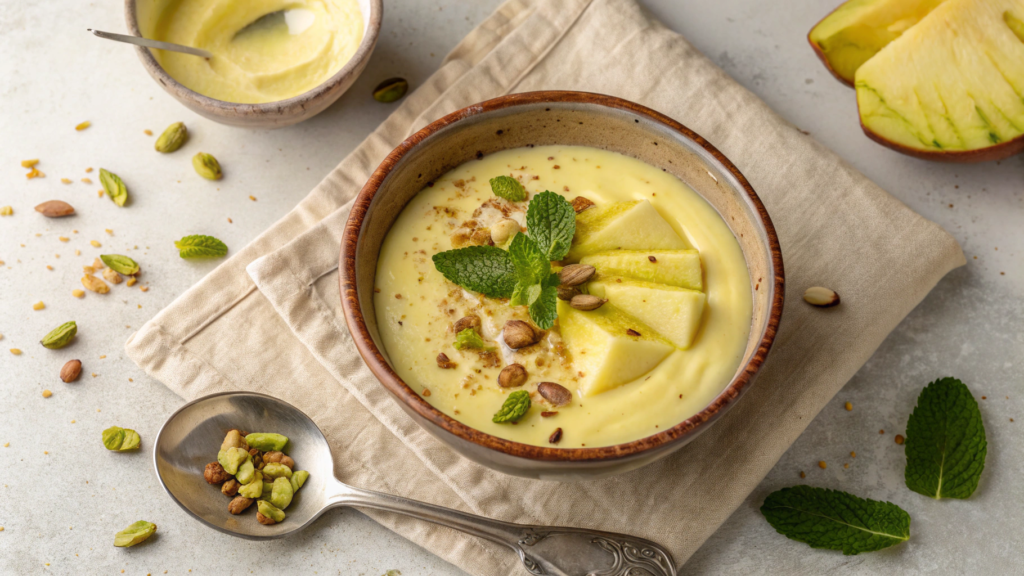 Top-down view of creamy custard apple dessert in a rustic ceramic bowl, garnished with mint leaves, honey drizzle, and crushed pistachios, with a half-cut custard apple nearby