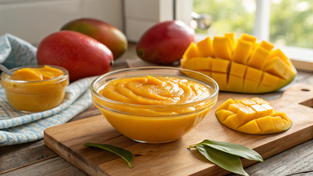 Fresh homemade mango puree recipe in a glass bowl with ripe mangoes and mango slices on a wooden kitchen countertop