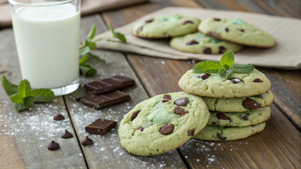 Freshly baked mint chocolate pudding cookies stacked and arranged on a wooden table with visible chocolate chips, a glass of milk, and fresh mint leaves nearby.