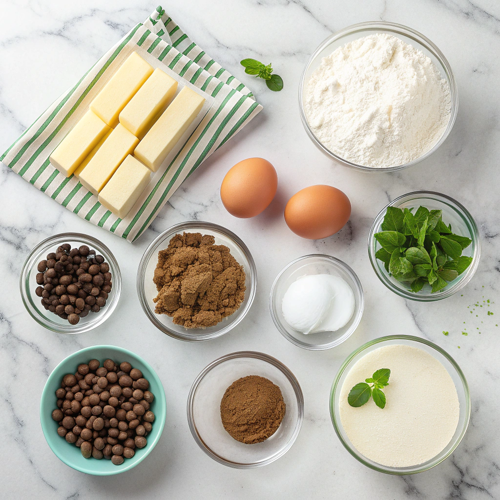 Ingredients for mint chocolate pudding cookies arranged on a countertop, including chocolate chips, peppermint extract, pudding mix, flour, sugar, butter, and eggs.