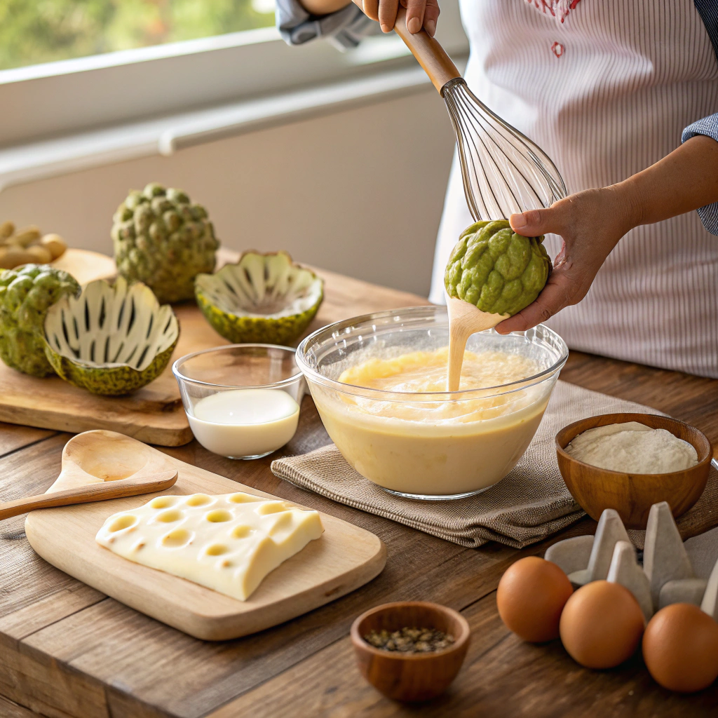 Hands preparing custard apple dessert in a cozy kitchen, scooping custard apple pulp into a glass bowl and whisking creamy custard, with fresh ingredients and utensils on a wooden countertop