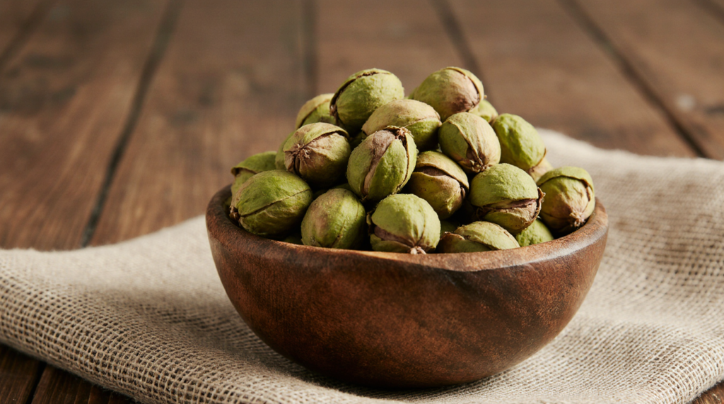 Close-up of a wooden bowl filled with raw shelled pistachios on a rustic linen cloth.