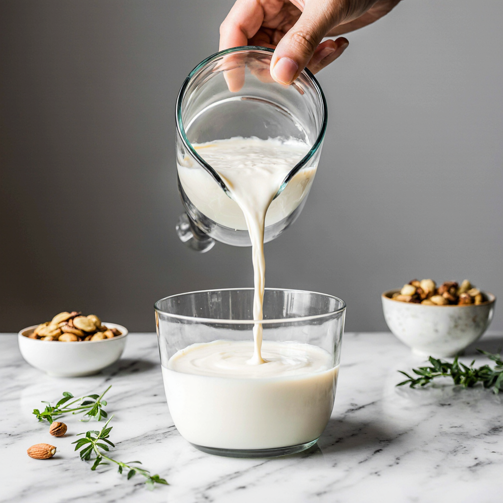 Glass pitcher pouring almond milk into a clear glass bowl on a marble countertop.