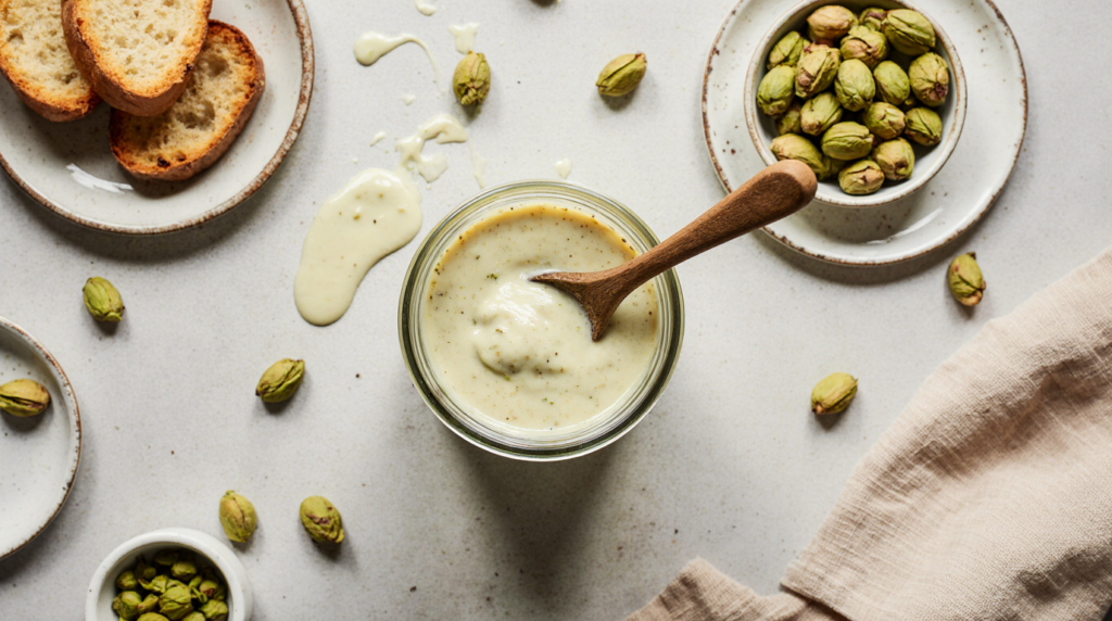 Glass jar of homemade pistachio cream recipe with a wooden spoon, surrounded by raw pistachios and croissants on a rustic kitchen counter.